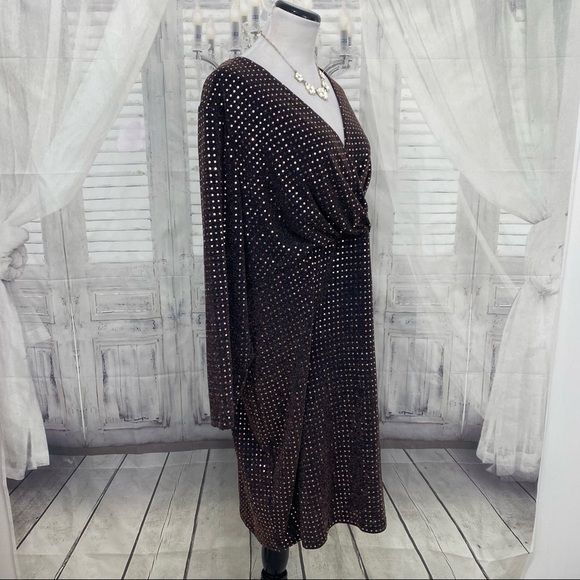 Calvin Klein Plus Metallic Dot Surplice Copper Gold Long Sleeve Sheath Dress - Picture 5 of 11